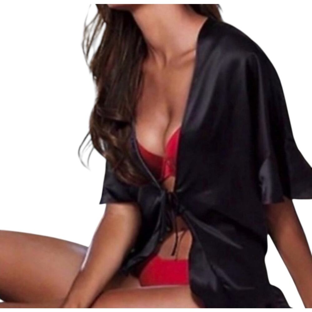 Victoria's Secret Black Satin Robe OS One Size Tie Closure  Ruffle Sleeve